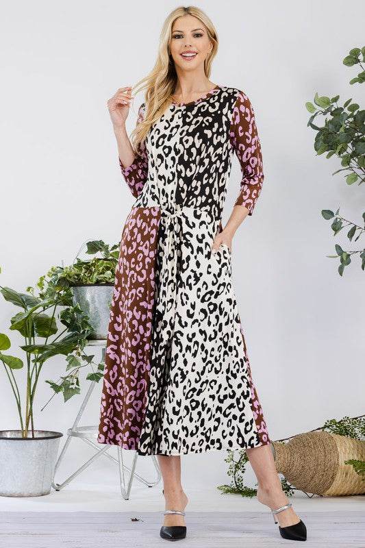 Celeste Full Size Leopard Color Block Front Tie Midi Dress Plus Size - Hovatok