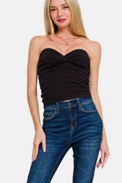 Zenana Ruched Twisted Sweetheart Neck Top - Hovatok