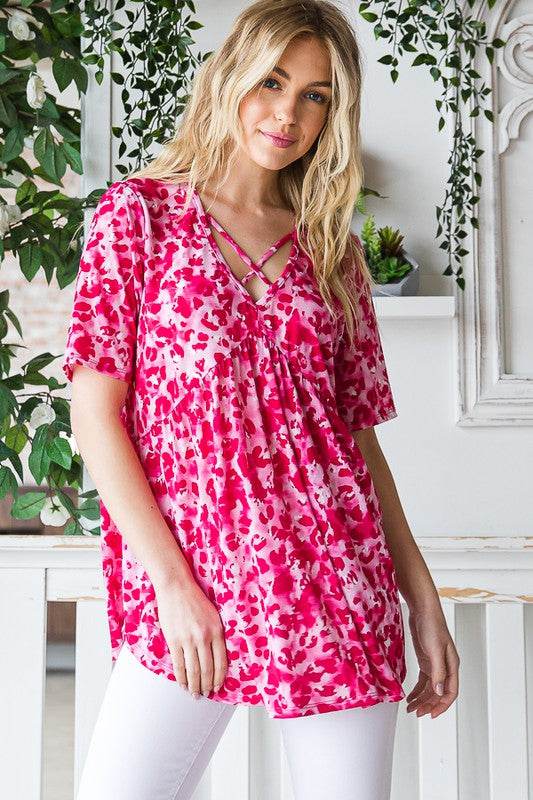 Heimish Full Size Short Sleeve Crisscross Animal Babydoll Top Plus Size - Hovatok