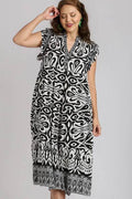Umgee Full Size Two Tone Border Print Ruffle Cap Sleeve Midi Dress Plus Size - Hovatok