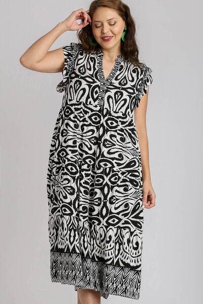 Umgee Full Size Two Tone Border Print Ruffle Cap Sleeve Midi Dress Plus Size - Hovatok