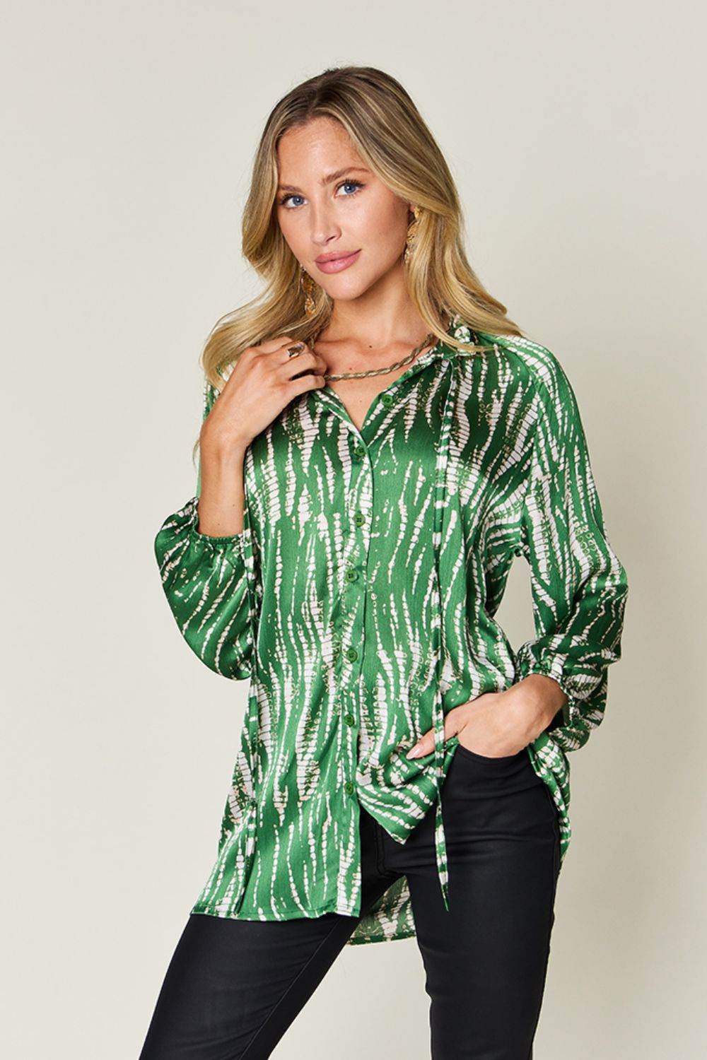 Double Take Full Size Printed Button Up Long Sleeve Shirt - Hovatok