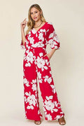 Double Take Full Size Printed Tie Back Wide Leg Jumpsuit - Hovatok