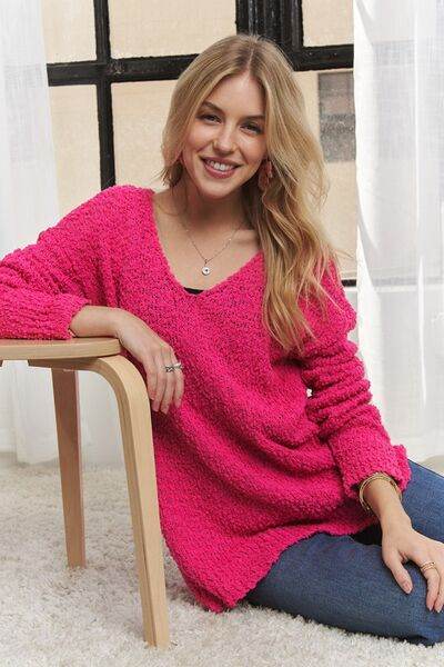 ADORA High-Low Side Slit V-Neck Sweater - Hovatok