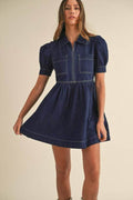 Collared Neck Half Zip Denim Dress - Hovatok