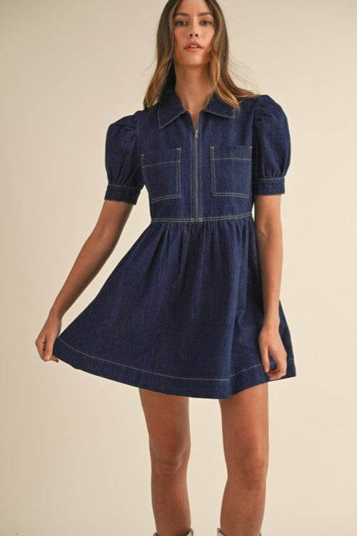 Collared Neck Half Zip Denim Dress - Hovatok