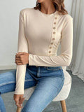 Perfee Decorative Button Round Neck Long Sleeve Bodysuit - Hovatok