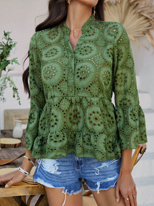 Devine Half Button Flounce Sleeve Peplum Blouse - Hovatok
