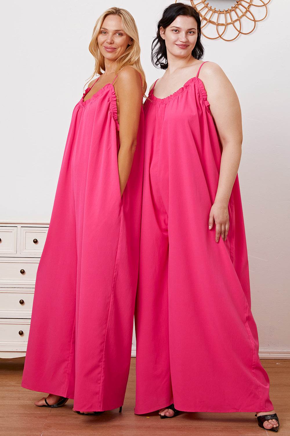 Double Take Full Size Ruffle Trim Tie Back Cami Jumpsuit with Pockets - Hovatok