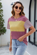 Color Block Round Neck Short Sleeve T-Shirt - Hovatok