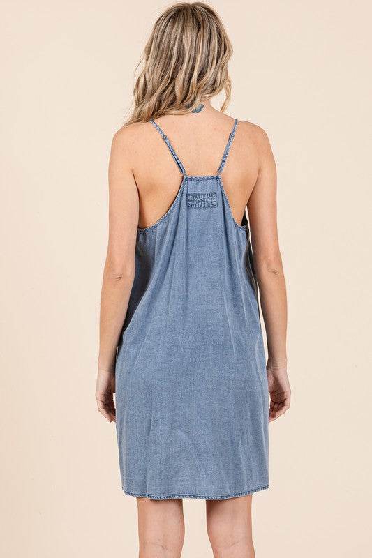 Mittoshop Washed Patch Pocket Mini Cami Denim Dress - Hovatok