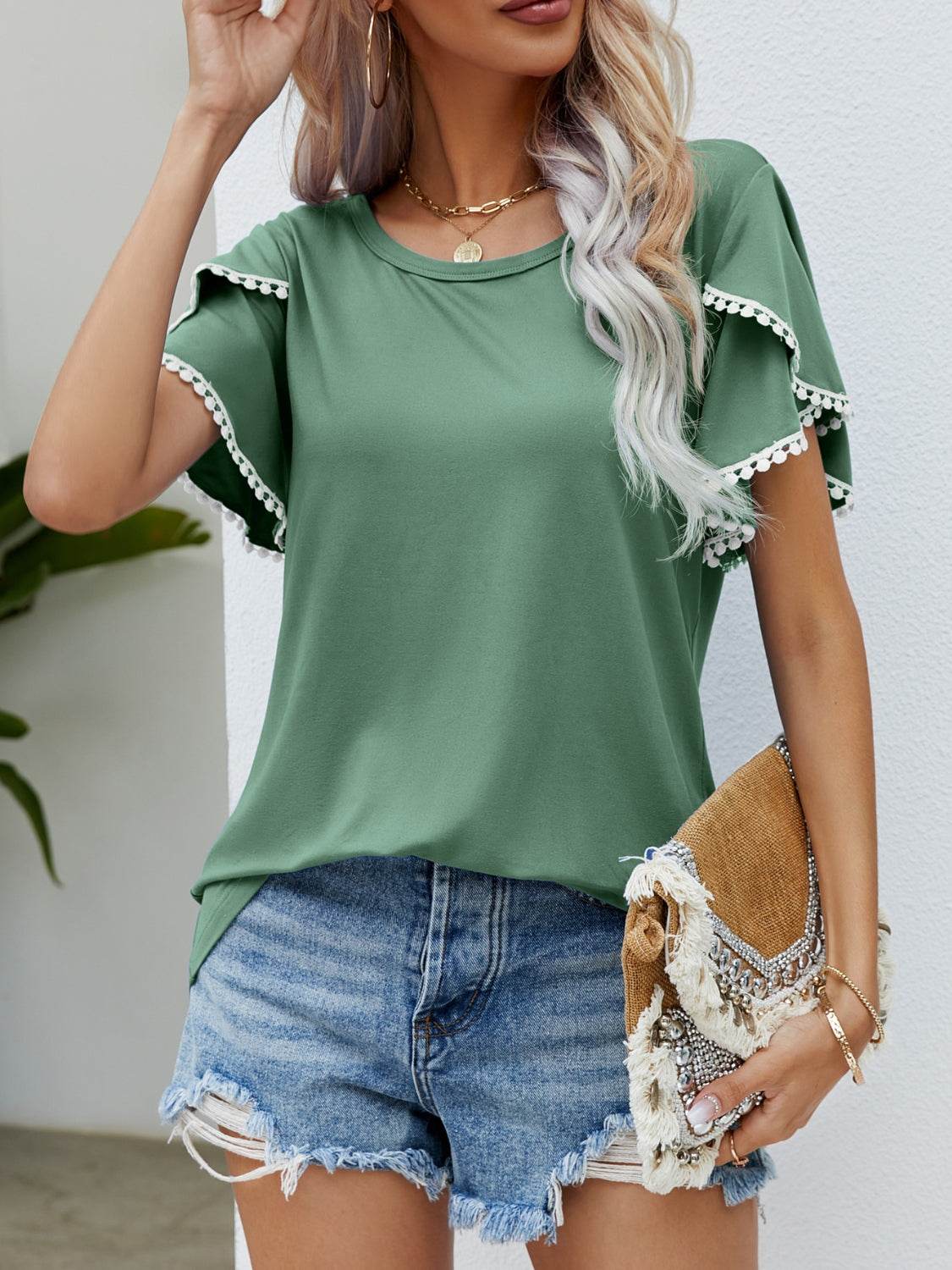 Pom-Pom Trim Flutter Sleeve Round Neck T-Shirt - Hovatok