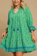 Umgee Full Size Tassel Embroidered Flounce Sleeve Mini Dress Plus Size - Hovatok