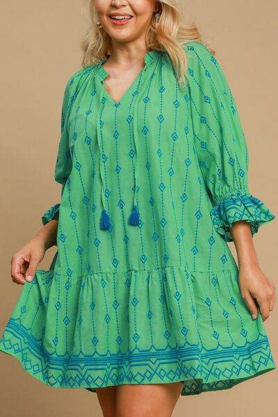 Umgee Full Size Tassel Embroidered Flounce Sleeve Mini Dress Plus Size - Hovatok