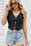 Button Down V-Neck Denim Vest - Hovatok