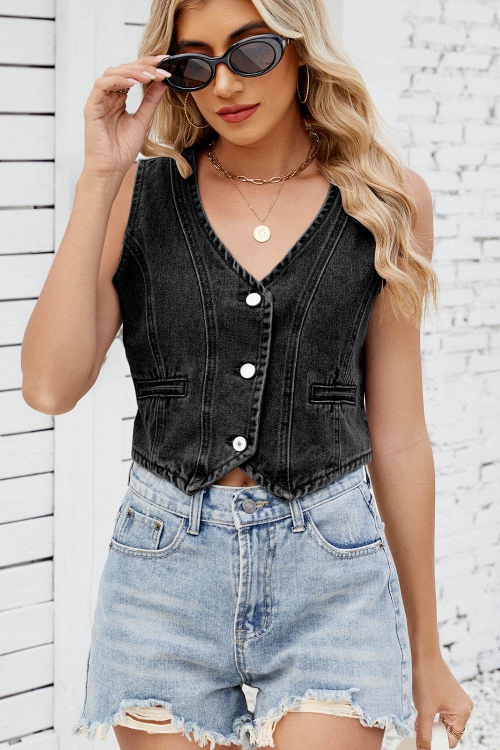 Button Down V-Neck Denim Vest - Hovatok