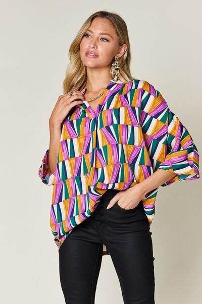 Double Take Full Size Geometric Notched Dolman Sleeve Top - Hovatok