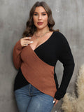 Plus Size Two-Tone Surplice Neck Sweater - Hovatok