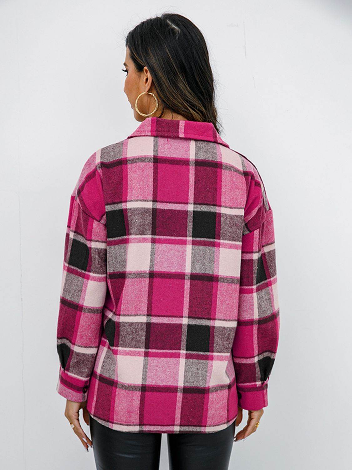 Shiny Plaid Button Up Collared Neck Jacket - Hovatok