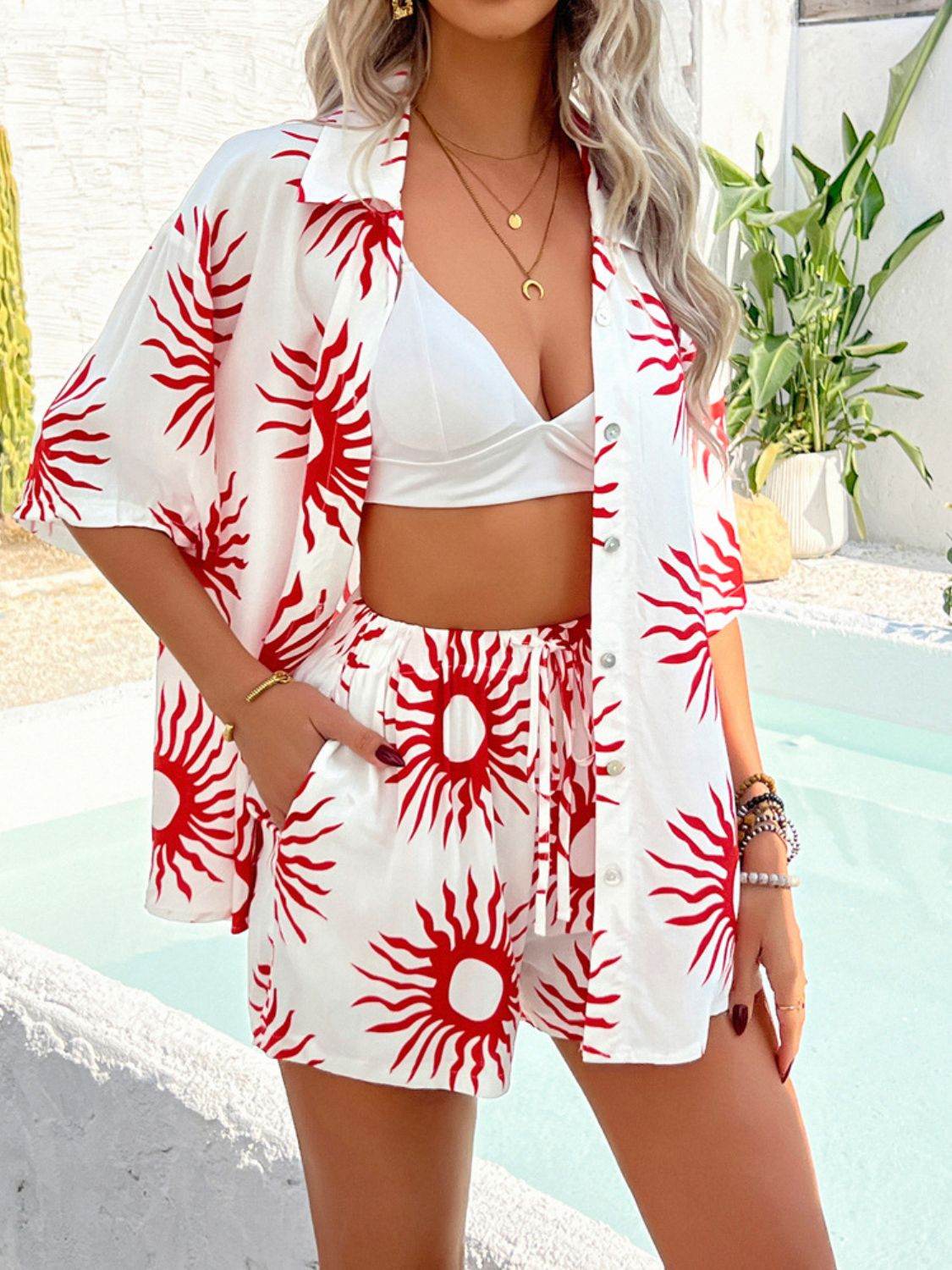 Devine Printed Collared Neck Half Sleeve Top and Shorts Set - Hovatok