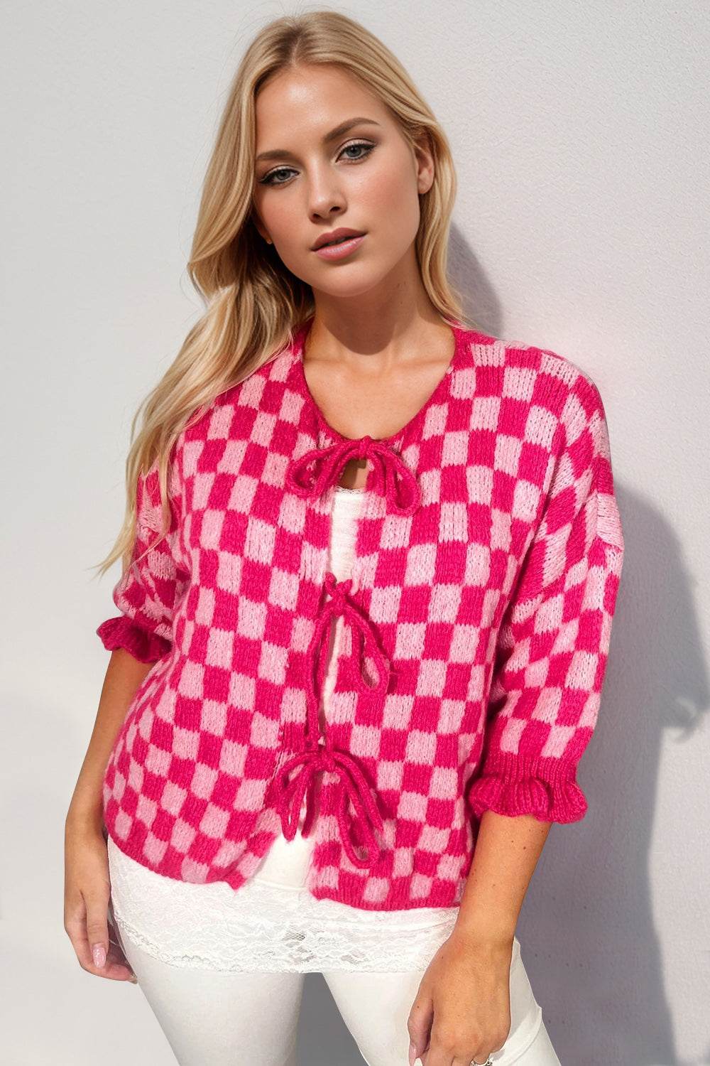 Double Take Tied Checkered Dropped Shoulder Flounce Sleeve Cardigan - Hovatok