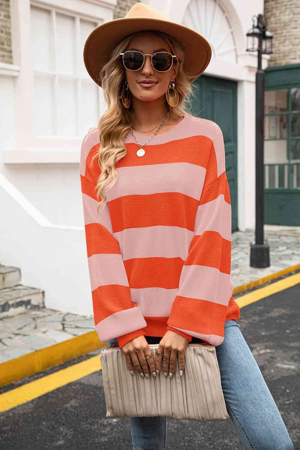 Angel Wings Striped Balloon Sleeve Knit Pullover - Hovatok