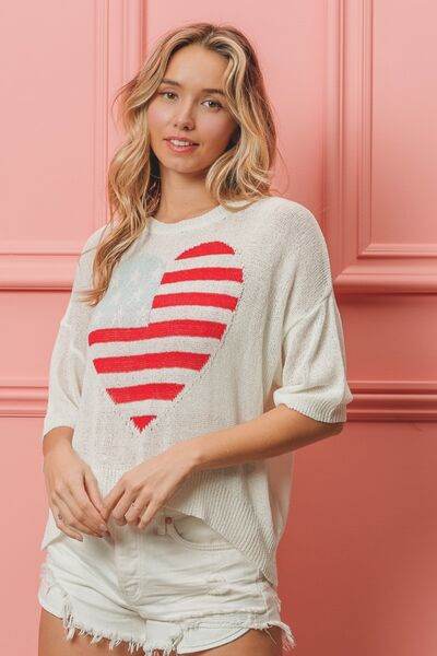 BiBi Striped Heart Contrast Knit Top - Hovatok