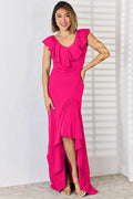 Ruffled V-Neck High-Low Dress - Hovatok