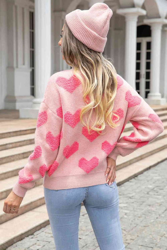 Angel Wings Round Neck Dropped Shoulder Sweater with Heart Pattern - Hovatok