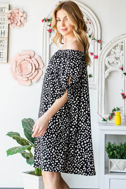 Heimish Full Size Short Sleeve Off Shoulder Animal Mini Dress Plus Size - Hovatok