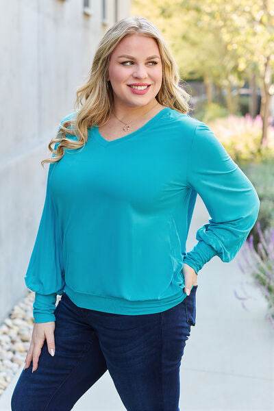 Basic Bae Full Size V-Neck Lantern Sleeve Top - Hovatok