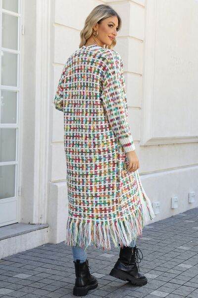 Angel Wings Full Size Multicolored Open Front Fringe Hem Cardigan - Hovatok