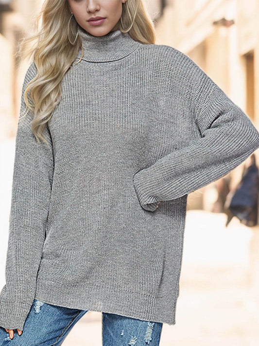 Turtleneck Drop Shoulder Long Sleeve Sweater - Hovatok