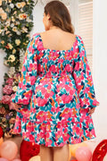 Plus Size Smocked Floral Square Neck Balloon Sleeve Dress - Hovatok