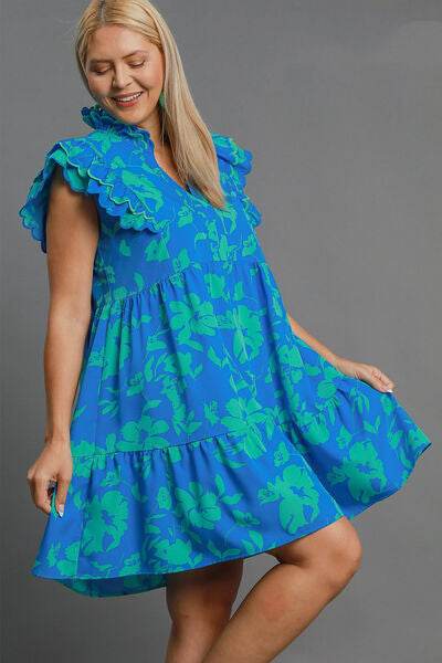 Umgee Full Size Two Tone Floral Print Ruffle Cap Sleeve Mini Dress Plus Size - Hovatok