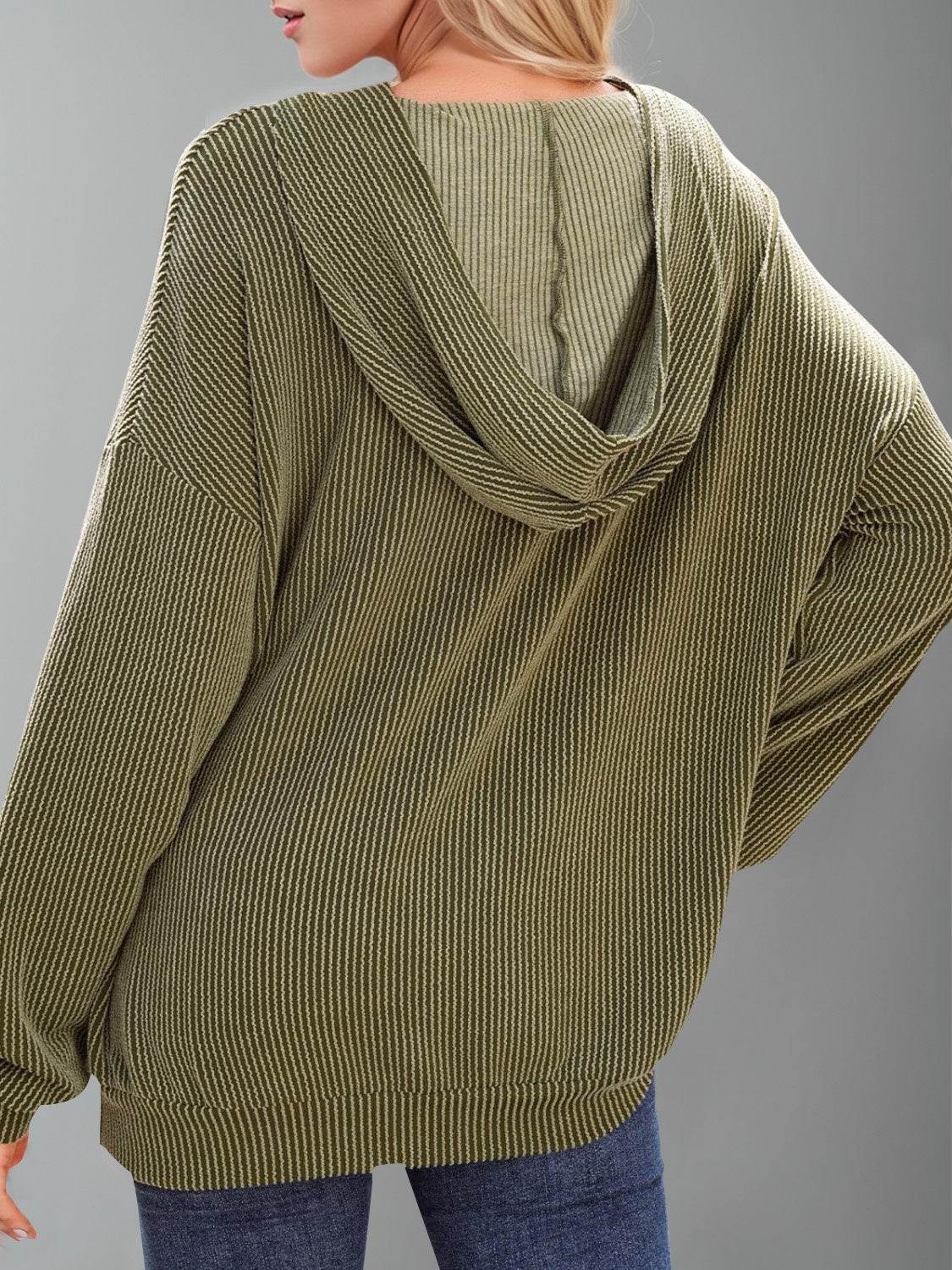 Double Take Textured Kangaroo Pocket Long Sleeve Hoodie - Hovatok