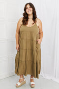 Zenana Full Size Spaghetti Strap Tiered Dress with Pockets in Khaki - Hovatok