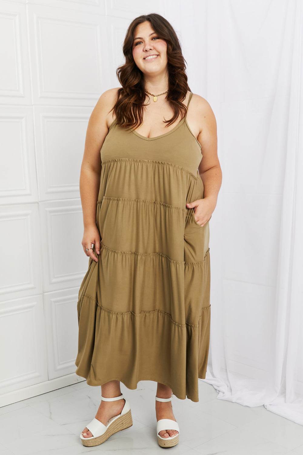 Zenana Full Size Spaghetti Strap Tiered Dress with Pockets in Khaki - Hovatok