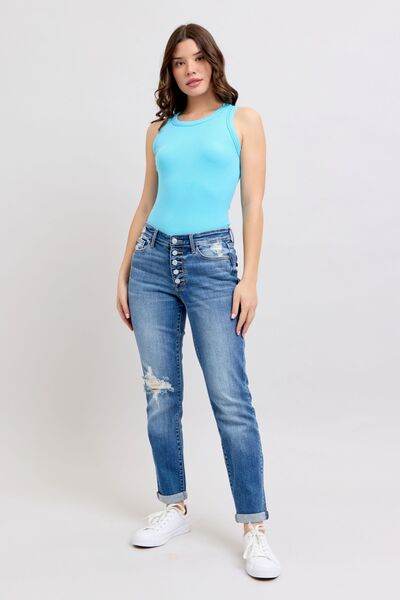 Judy Blue Full Size Button Fly Distressed Jeans with Pockets Plus Size - Hovatok