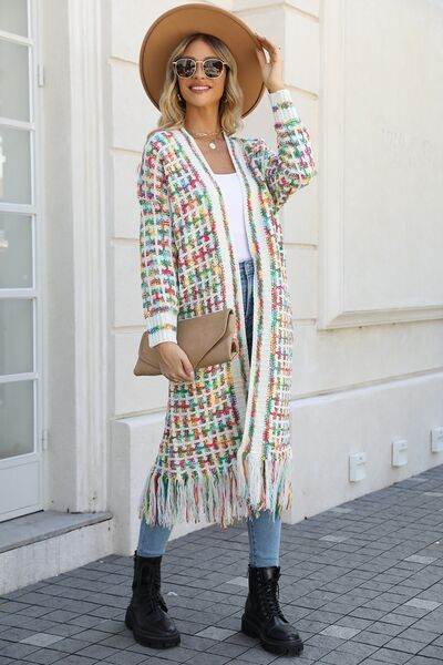 Angel Wings Full Size Multicolored Open Front Fringe Hem Cardigan - Hovatok
