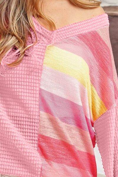 BiBi Striped Contrast Waffle Long Sleeve Top - Hovatok