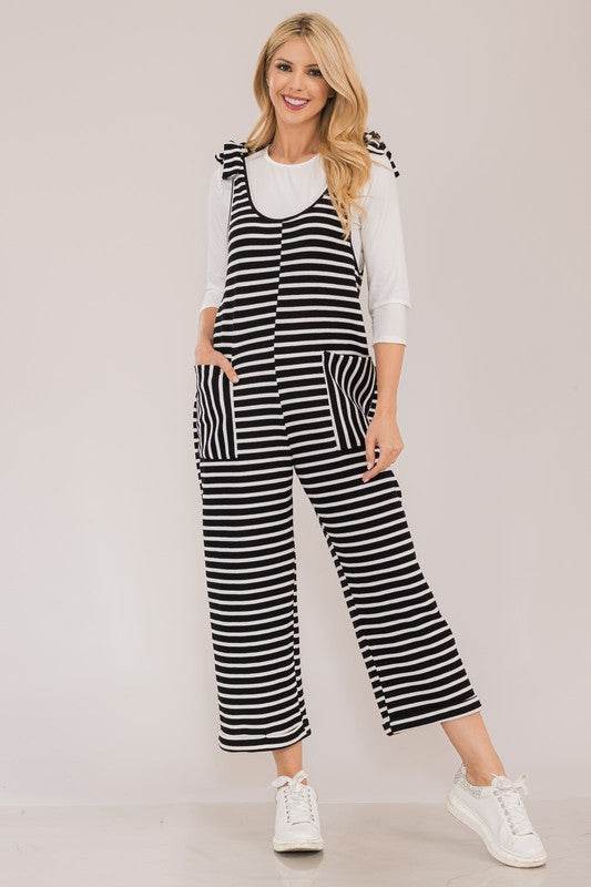 Celeste Full Size Striped Scoop Neck Overalls with Pockets - Hovatok