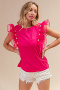 BiBi Pearl Decor Mesh Ruffle Sleeve Top - Hovatok