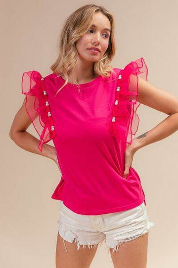 BiBi Pearl Decor Mesh Ruffle Sleeve Top - Hovatok