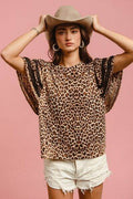 BiBi Leopard Crochet Trim Round Neck Short Sleeve Top - Hovatok