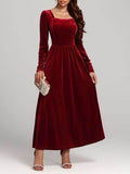 Velvet Square Neck Long Sleeve Dress - Hovatok