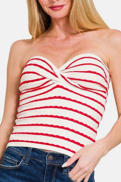 Zenana Twisted Sweetheart Neck Striped Tube Top - Hovatok