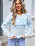 Angel Wings Striped Round Neck Long Sleeve Sweater - Hovatok