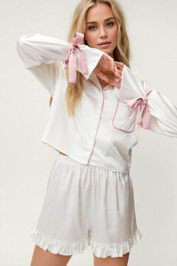 Basic Bae Tied Cuff Collared Neck Top and Frill Shorts Lounge Set - Hovatok