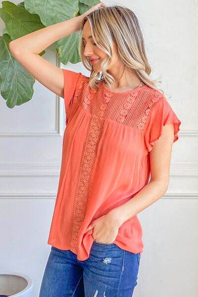 And The Why Lace Detail Ruffle Short Sleeve Blouse - Hovatok